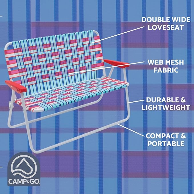 Camp & GO 16.5" High Seat Outdoor Double Wide Loveseat Web Folding Chair, Blue/Red