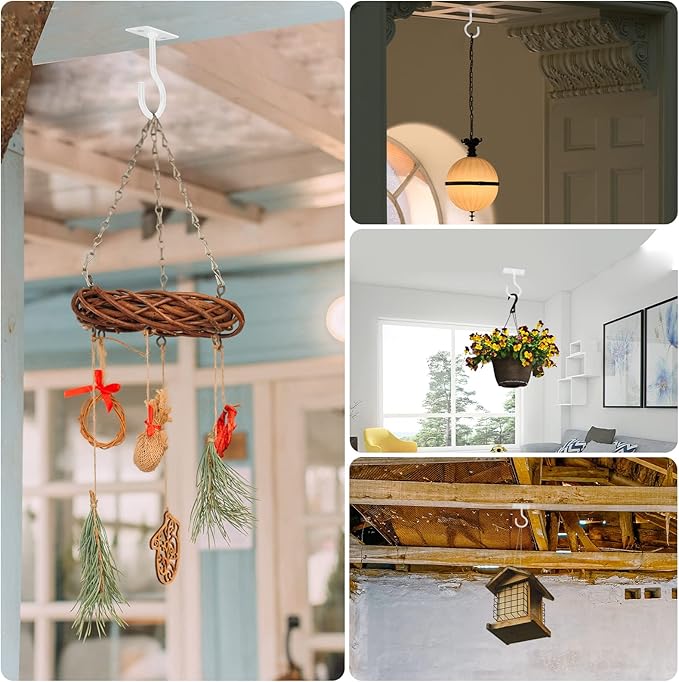 Ceiling Hooks for Hanging Plants 4pack 2.5inch Wall Mount Plant Hooks Meatl Plant Hanger Indoor for Hanging Lanterns, Bird Feeder, Flower Basket, Home Decor Indoor & Outdoor (White)