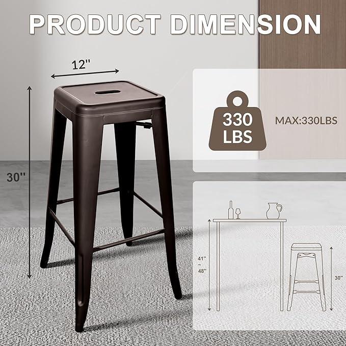 Elevon 30 Inches Metal Bar Stools, High Backless Stools, Indoor Outdoor Stackable Kitchen Stools, Set of 4, Brown