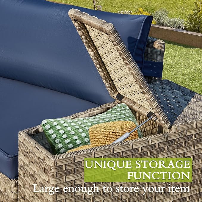 ECOTOUGE 9 Piece Outdoor Patio Half Moon Furniture, Patio Sectional Conversation Sofa Set with 30 Inch Propane Firepit Table Set for for Porch, Backyard and Garden (Blue)