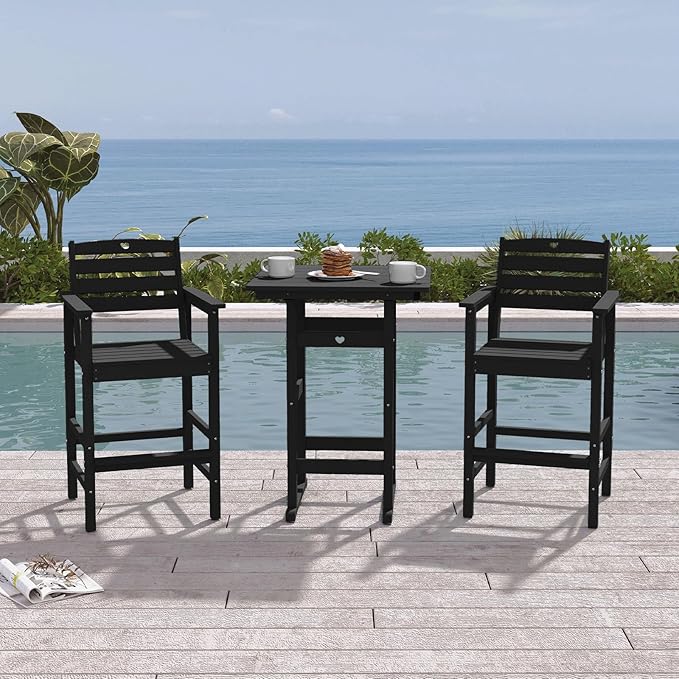 Patio Bar Table,Adirondack Chairs and Table 3 Pieces Set, Bar Height Chairs Set of 2 and Bar Table, Outdoor Bar Stools Set,Weather-Resistant Outdoor Furniture for Deck, Balcony, Poolside Easy Assembly