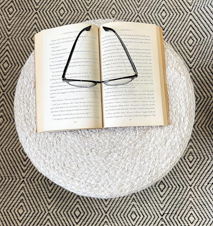 S & L Homes Pouf Ottoman - 100% Jute Braided Footrest Pouf Hand Knitted Traditional Cord Boho Pouffe for Living Room, Bedroom, Nursery, Patio, Lounge Colorblock - Natural Ivory (18”x18”x12”)