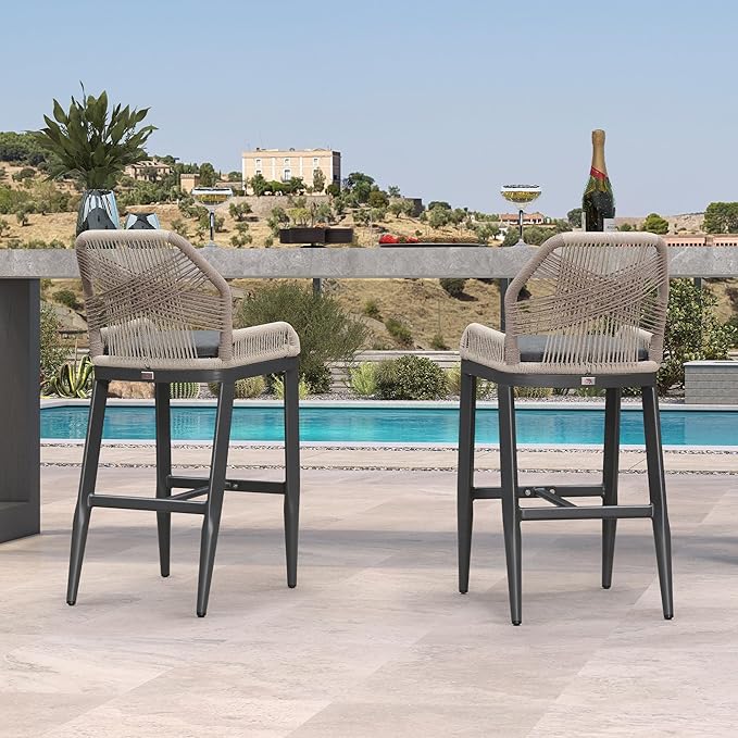 PURPLE LEAF Patio Bar Stool Bar Height Set of 4 Outdoor Rattan Chairs with Back Modern Aluminum Woven Barstools for Garden Indoor Kitchen Gray