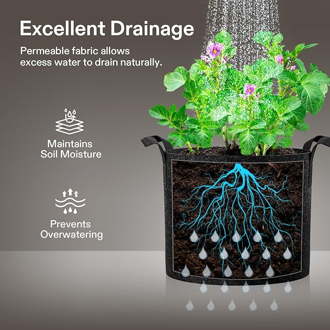 VIVOSUN 5-Pack 7 Gallon Plant Grow Bags, Heavy Duty Thickened Nonwoven Fabric Pots with Handles