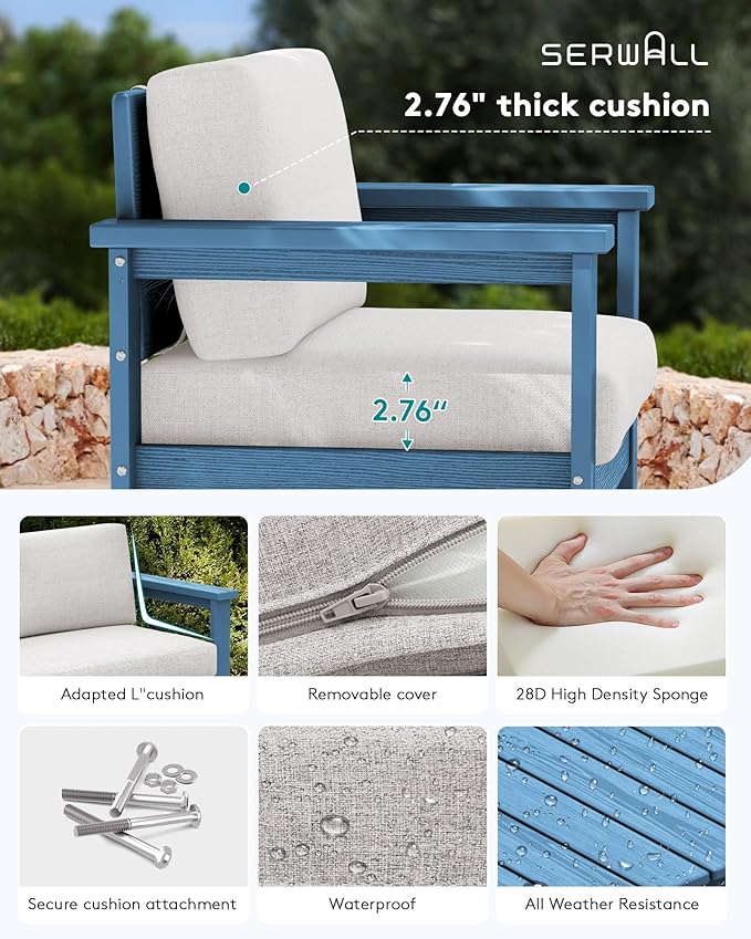 SERWALL 5 Pieces HDPE Outdoor Sofa Set with Cushions, All Weather Use Patio Conversation Couch Loveseat Furniture with Coffee Table for Balcony, Deck, Poolside, Blue Frame with Khaki Cushions