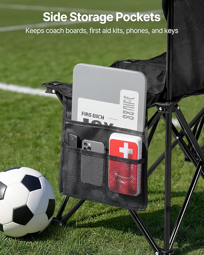 VEVOR Portable Folding Bench, 4 Seat Foldable Soccer Bench with Side Pockets and Carrying Bag, Lightweight Sideline Seating with Back Rest for Football, Baseball, Camping, Outdoor Events, Black