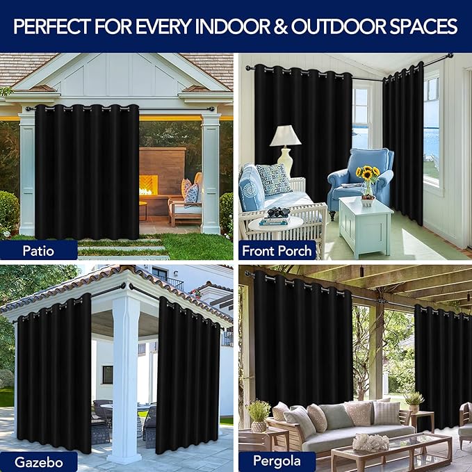 PureFit Outdoor Curtains for Patio Waterproof Weatherproof, UV and Fade Resistant Outside Curtains for Gazebo, Front Porch, Pergola, Sun Blocking Privacy Curtain, 100W x 108L inch, 1 Panel, Black