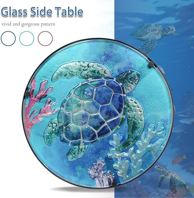 VCUTEKA Patio Side Table Outdoor Accent Table Bistro Coffee Table Plant End Table Small Porch Table Indoor Round Glass Balcony Plant Table Stands Sea Turtle 12''