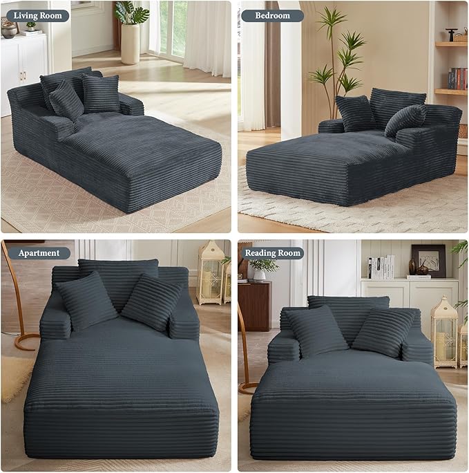 78.7" Chaise Lounge Chair Indoor, Oversized Boneless Couch Comfy Upholstered Sleeper Sofa Bed with 3 Pillows, Corduroy Cloud Reading Chair for Living Room No Assembly Required, Dark Grey