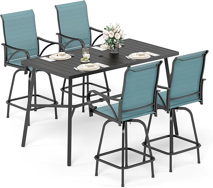 Sophia & William Outdoor Bar Set, Patio Bar Table and Chairs Set, Bar Height Patio Set - 4 x Swivel Bar Chairs(Baby-Blue), 1 x Rectangular Bar Table(Black)