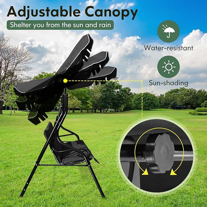 Porch Swing Outdoor, 3 Person Patio Swing w/Removable Cushion, Stand & Adjustable Canopy, Heavy Duty Swing Chair for Patio, Garden, Courtyard, Poolside