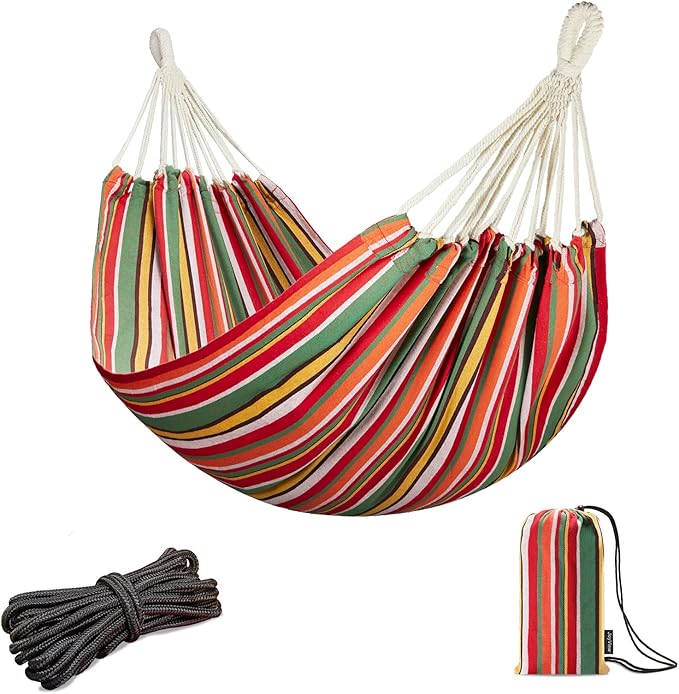 JoyView Brazilian Hammock for Single Person - Portable Cotton Hammock with Hanging Ropes & Carry Bag - 78.8x39.4' - 300LBS Capacity - Red & Green Stripes
