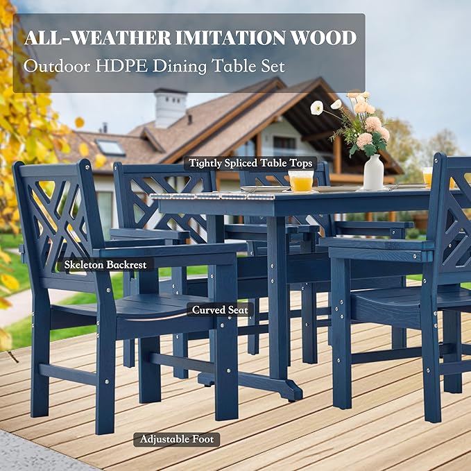 HDPE Dining Table Set for 4,5-Piece Outdoor Table and Chairs Include 4 Dining Chairs and 62.5" Patio Dining Table with Umbrella Hole (Blue)