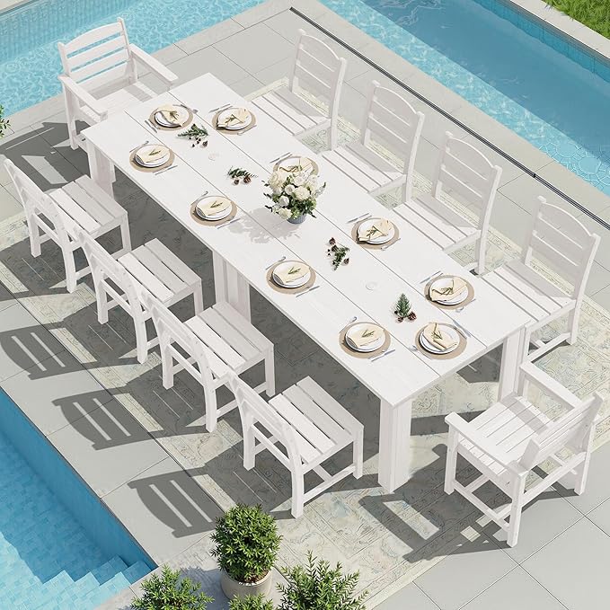 SERWALL Outdoor Dining Sets for 10, HDPE Dining Sets for 10 Person with 2 Tables and 8 Armless Chairs and 2 Armchairs, Patio Dining Sets for Garden, Backyard, Poolside, White