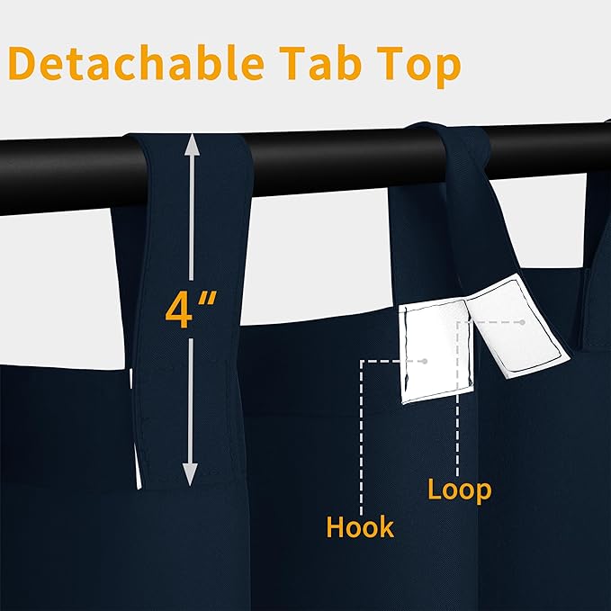Easy-Going Outdoor Patio Curtains Detachable Tab Top Windproof Weatherproof Curtain for Cabana, Porch, Pergola and Gazebo, Tab Bottom Drape, 2 Panels, 54W x 96L inch, Navy