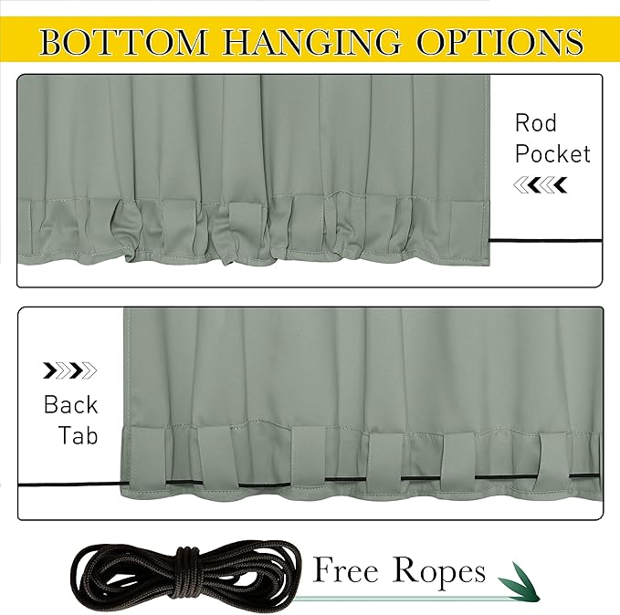 NICETOWN 2 Panels Weighted Outdoor Curtains for Patio Waterproof Pocket & Back Tab Top & Bottom, Windproof Privacy Thermal Curtains Light/Cold Block for Pergola with Rope, W52 x L84, Sage Green