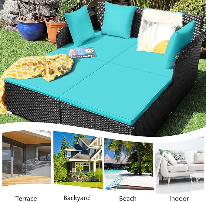HAPPYGRILL Outdoor Rattan Daybed Patio Loveseat Sofa Set with Padded Cushion Pillows and Sturdy Aluminum Foot, Wicker Patio Furniture for Garden Porch Poolside