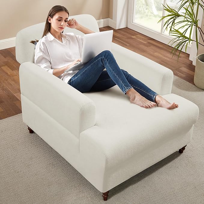Oversized Chaise Lounge Accent Chair, Cloud Fluffy Chaise Sofa Recliner with Adjustable Backrest, Comfy Upholstered Sleeper Couch Bed, Modern Deep Seat Reading Armchair for Living Room, Movie, Bedroom