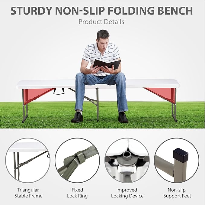 6ft Plastic Folding Bench with Carrying Handle & Lock, Portable Outdoor Bench in Garden Picnic Camping Dining Party Seat, Waterproof Bench for Soccer Activities, Firm and Durable (2Pack C)