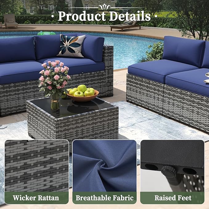 Aoxun 7 Piece Patio Furniture Set Wicker Rattan Patio Conversation Set Outdoor Sectional Sofa Set with Coffee Table and Thickened Cushions, Gray/Blue(Waterproof Cover Included)