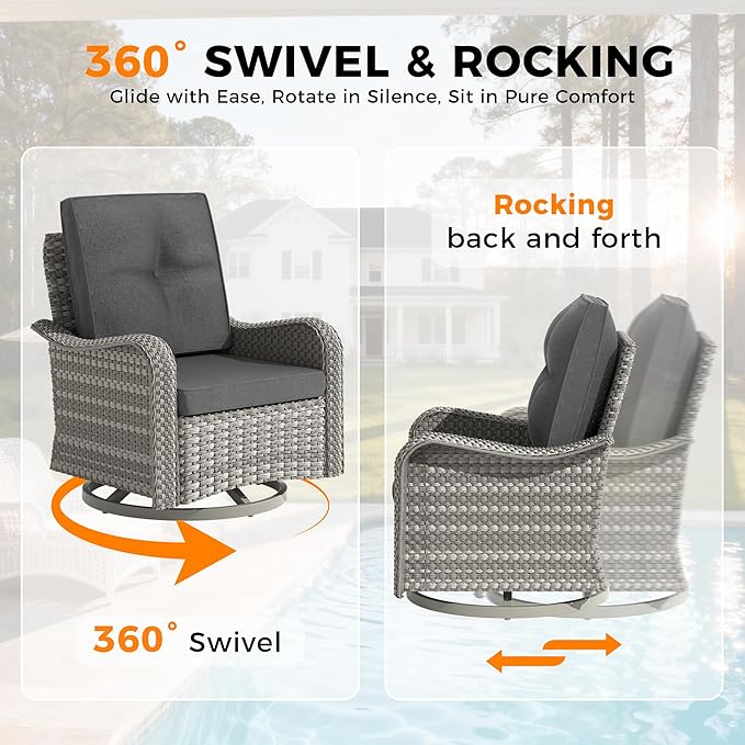 10-Seat Outdoor Wicker Patio Furniture Set with Fire Pit Table, Modular Rattan Sectional Sofa & 2 Swivel Rocking Chairs, 4" Thick Cushions, Rust-Resistant Frame,Black