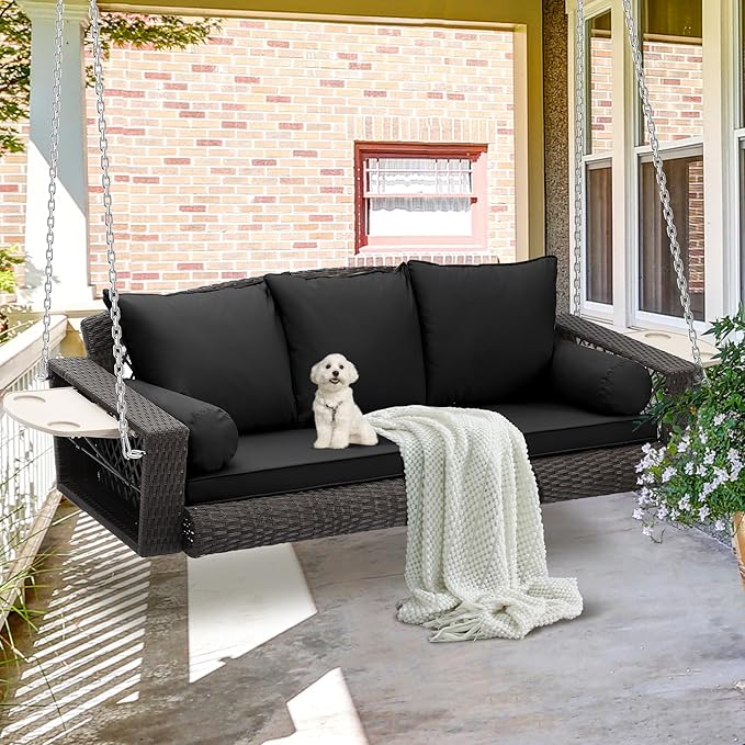 Grepatio Wicker Hanging Porch Swing - Outdoor 3 Person Patio Swing Bench with Cushion & Chains - 3-Seat Porch Swing Chair with Cup Holder for Garden, Yard, Lawn (Black Brown Rattan)