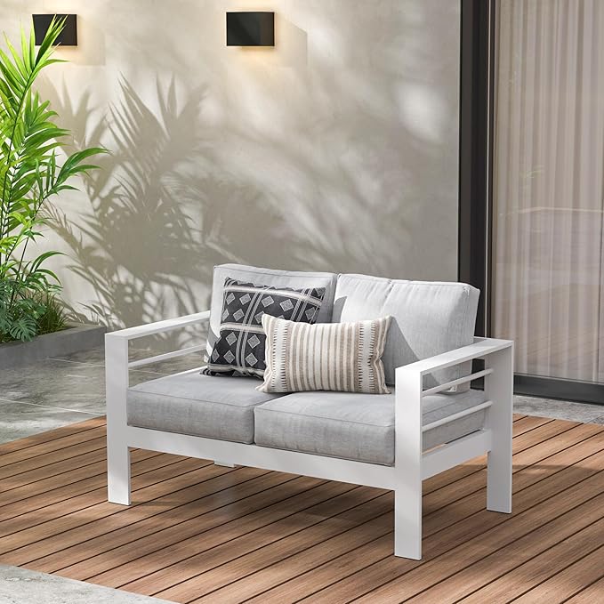 Wisteria Lane Patio Furniture Aluminum Loveseat, All-Weather Outdoor 2 Seats Sofa Couch, White Metal Chair with Light Grey Cushions