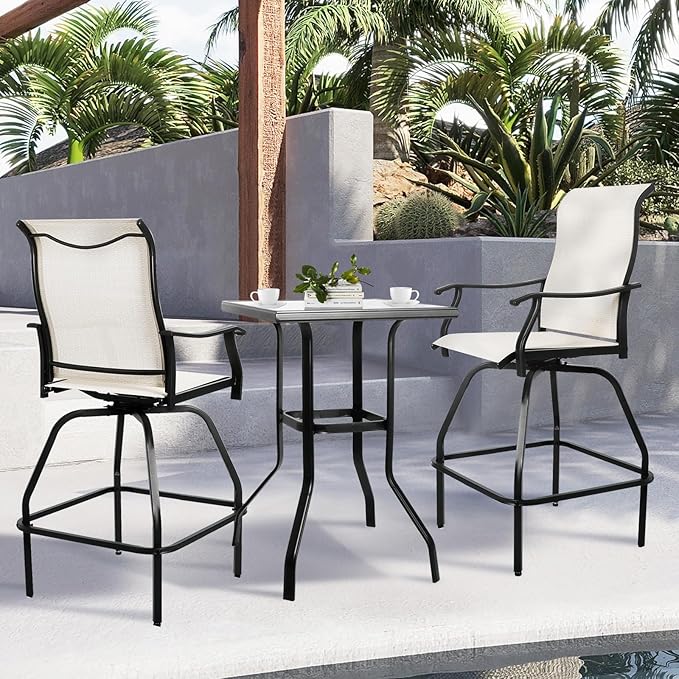 LEVELEVE Patio Bar Set 3pcs Swivel Bar Stools Outdoor Bistro Textilene Furniture Stability All-Weather Set with Height Table (3, Beige Fabric)