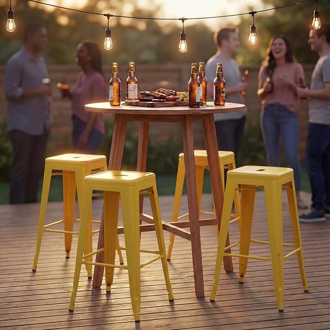 Shahoo 24 Inches Metal Bar Stools Counter Height Stackable Backless Stools, Industrial Patio Stools Indoor Outdoor Metal Kitchen Stools Set of 4 (Yellow, 24'')