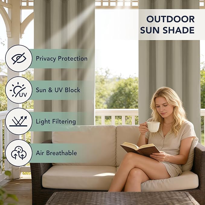 Outdoor Curtains for Patio Waterproof - 6 Panels Privacy Weatherproof Outside Curtains with Grommets for Pergola, Gazebo, Porch, Cabana, Balcony, 54 x 84 Inch, Taupe