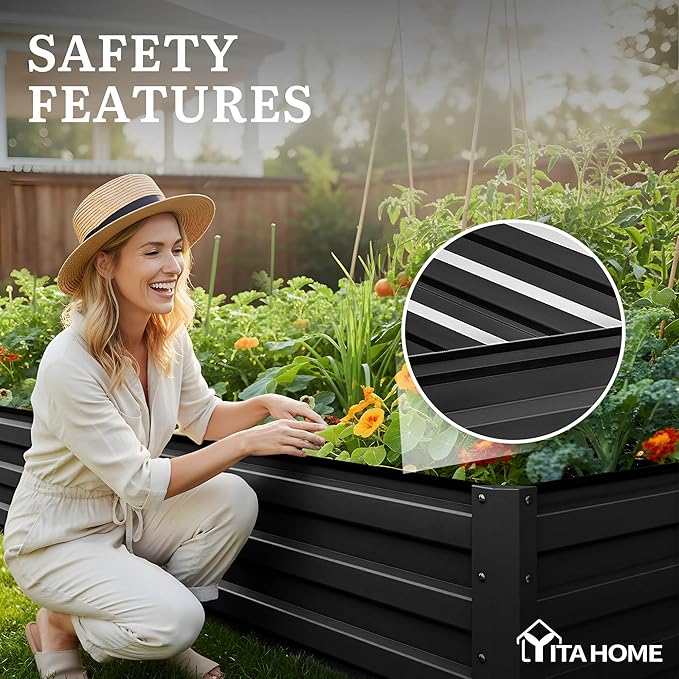 YITAHOME 8x4x1ft 2pcs Large Raised Garden Bed Kit, Galvanized Metal Planter Box with Gloves, Ground Nails & Safety Rubber, Outdoor Above Ground Planters for Plants Vegetables Flowers, Black