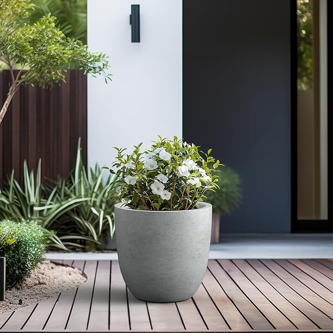 Kante 18 Inch Dia Round Concrete Planter, Indoor Outdoor Large Plant Pot with Drainage Hole and Rubber Plug for Home Patio Garden, Natural Concrete