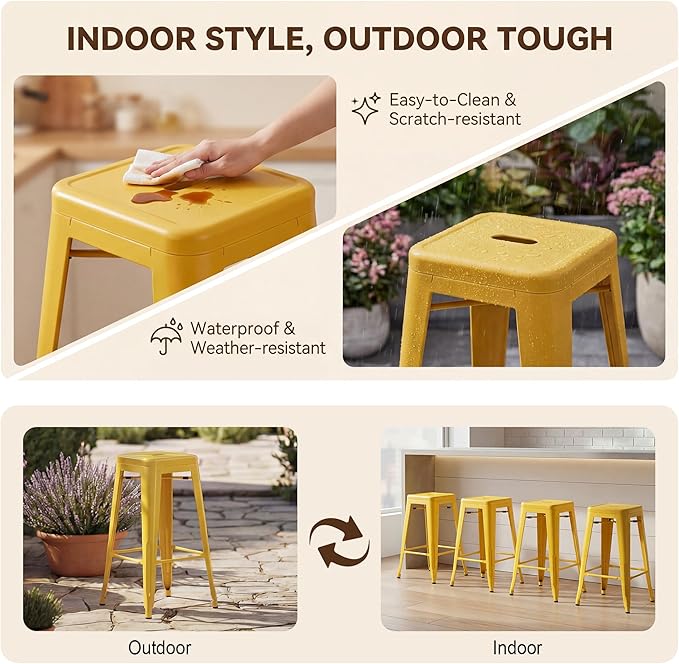 Shahoo 24 Inches Metal Bar Stools Counter Height Stackable Backless Stools, Industrial Patio Stools Indoor Outdoor Metal Kitchen Stools Set of 4 (Yellow, 24'')