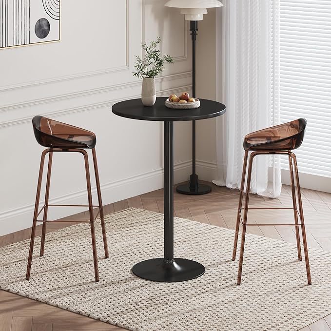Flamaker Round Bistro Pub Table Modern Style Metal Base MDF Top Cocktail Bar Table Counter Bar Height for Pub, Dining Room, Party (1, Full Black)
