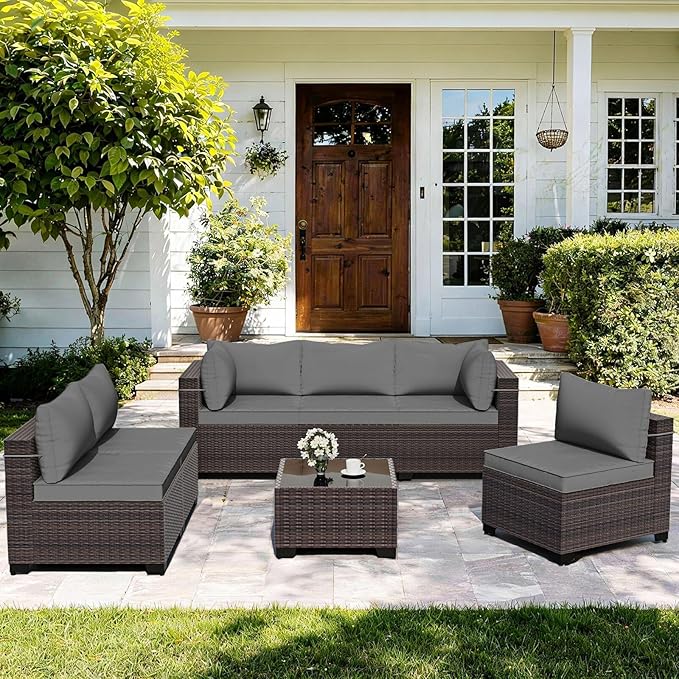 ALAULM Patio Furniture Set with Coffee Table, 7 Pieces Outdoor Sectional with Wide Seat and Thick Cushion, All Weather Wicker Rattan Conversation Set for Backyard, Garden, Deck, Grey