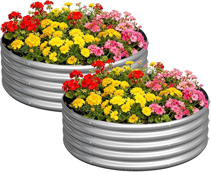 zizin 2 Pack Galvanized Raised Garden Bed Metal Round Raised Garden Beds Outdoor Planter Box for Vegetables (2FT, Silver)