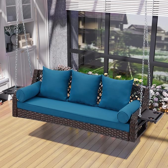 3 Seat Porch Swing, Wicker Patio Swing with Cup Holders & 3 Back Cushions, Yard Swing with Chains for Deck Garden Backyard,Brown Seagrass Rattan, Peacock Blue Cushion, 56-inch