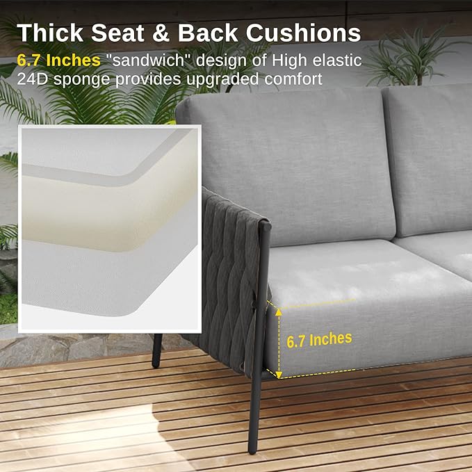 East Oak Patio Furniture Set, Outdoor Furniture Sectional Sofa Set with Round Coffee Table, 4 Seats Sofa Deep Seating with Thick and Washable Cushions, Earth Black & Misty Grey