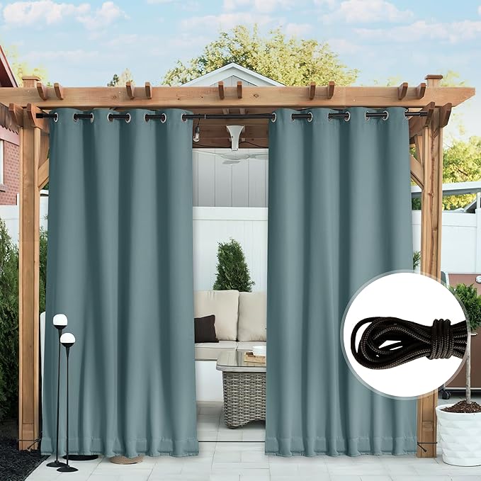 NICETOWN Outdoor Curtains for Patio Waterproof 108 inches Long 2 Panels, Windproof Thermal Insulated Top & Bottom Grommet/Back Tab Privacy Drapes with Rope for Fixed, Greyish Blue, W52 x L108