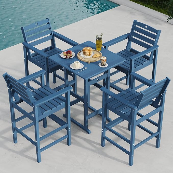 Patio Bar Table,Adirondack Chairs and Table 2 Pieces Set, Bar Height Chairs Set of 2, Outdoor Bar Stools Set,Weather-Resistant Outdoor Furniture for Deck, Balcony, Poolside Easy Assembly