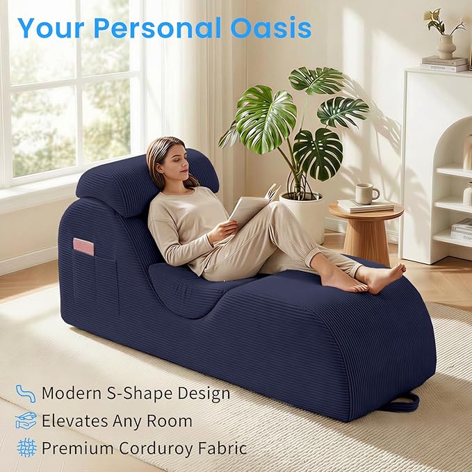ijuicy 25" Wide Corduroy Yoga Chair, Yoga Lounge Chair for Adults, Chaise Lounge Chair Indoor/Yoga Lounger with Headrest, Waist Cushion, Movable Footrest, Side Pockets, High Density Sponge-Blue