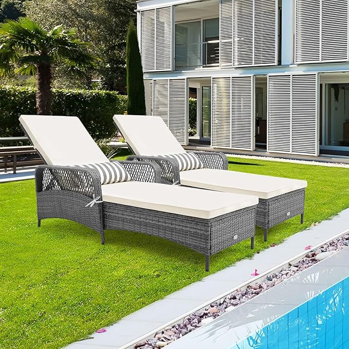 Tangkula Wicker Chaise Lounge Outdoor Set of 2, Patio Rattan Reclining Chaise with 6-Gear Adjustable Backrest, Thick Padded Cushion & Removable Lumbar Pillow, Pool Lounge Chairs for Outside Balcony