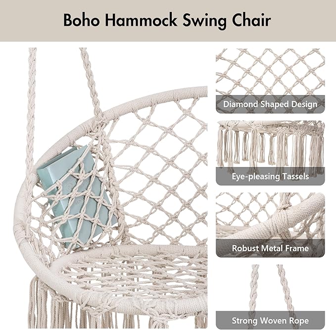 ANOW Macrame Hammock Chair with Stand, Heavy Duty Hanging Chair Stand with Swing Chair, Includes Luxury Padded Cushion, Max 400 Lbs, Natural