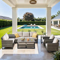 Belord Patio Conversation Set with Swivel Glider Chairs - 9 Piece Outdoor Sectional Furniture Set with Storage Box and Metal Top Table Gray Wicker/Beige Cushions