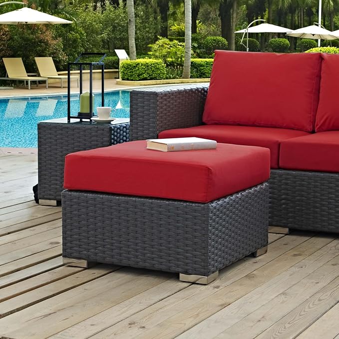 Modway Sojourn Wicker Rattan Outdoor Patio Sunbrella Fabric Ottoman in Canvas Red