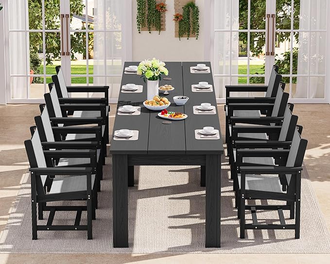 SERWALL 10 Piece Outdoor Dining Table Sets for 8 with 2 Umbrella Hole Cut-Out Rectangular Tables and 8 Textilene Chairs, HDPE Dining Table Sets for Garden, Backyard, Poolside, Black