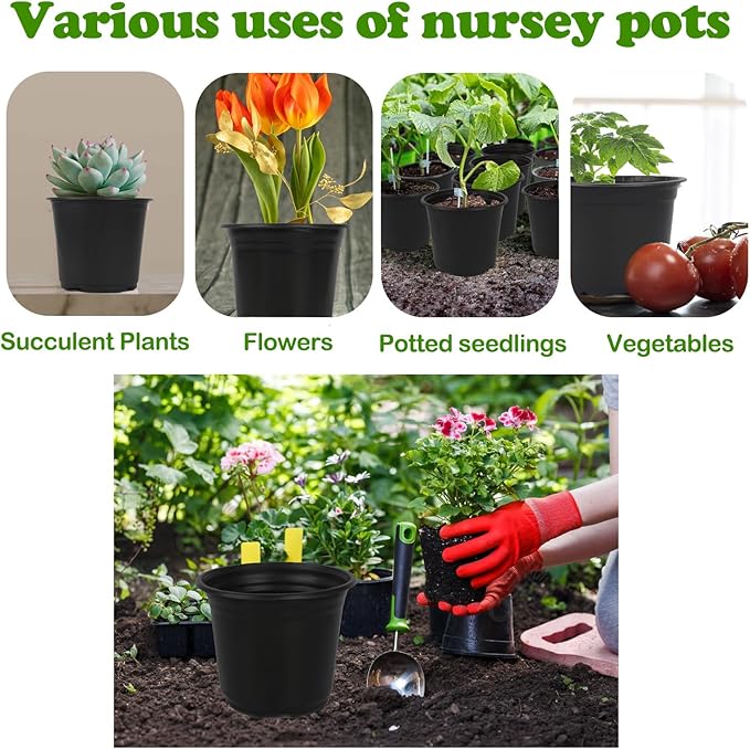 100 Packs 6 Inch Nursery Pots, 4 5 6 Inches Plastic Nursery Pots for Plants with Drainage Holes, Seed Starting Garden Pots of Flower Plant Container for Succulents, Transplanting (100, 6 Inch)