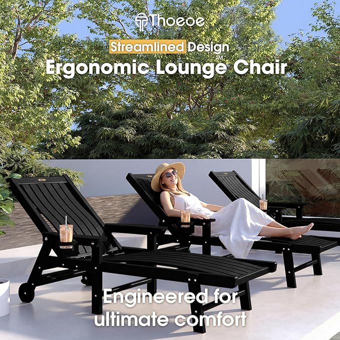Patio Chaise Lounge Chair Set of 4, Oversized Lounge Chair Outdoor with 5 Positions, HDPE, Patio Lounge Chair with Wheels & Cup Holder for Pool, Deck, Poolside,Black