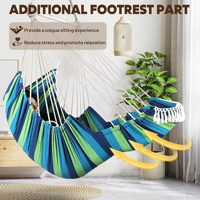 Chihee Hammock Chair Hanging Chair with Foot Rest 2 Cushions Max 500lbs Robust Metal Spreader Bar Collapsible Easy Storage Soft Cotton Swing Chair Strong Strap Iron Carabiner Side Pocket Included