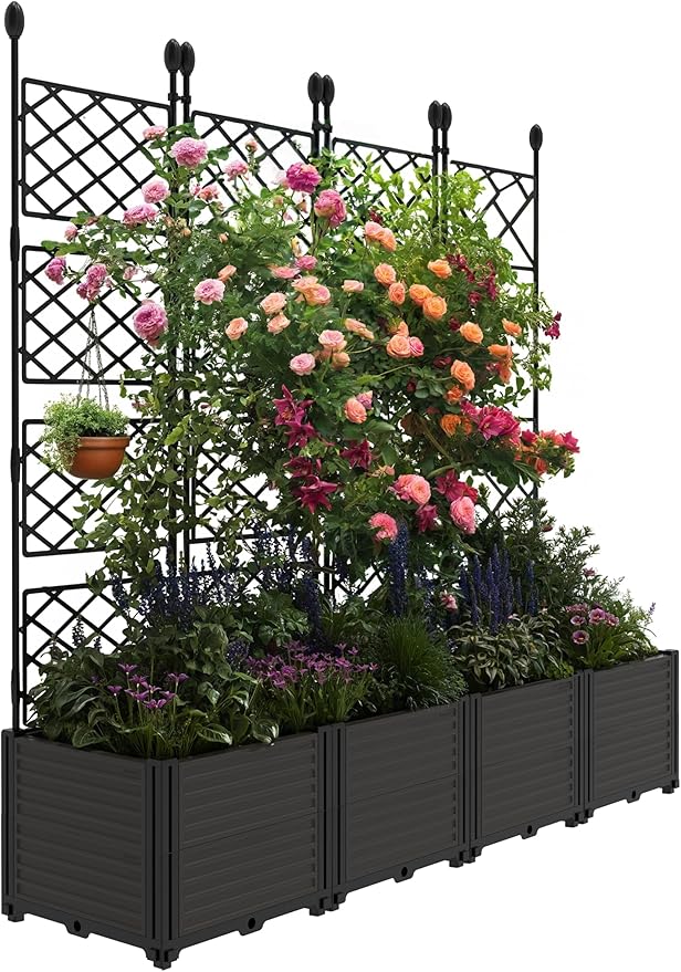 4 PCS Raised Garden Bed with Trellis,63" H Vertical Planter Box with Drainage Holes for Climbing Plants, Patio Privacy Screen & Balcony Garden